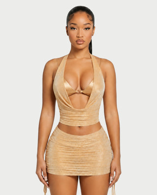 LAVANYA Shimmer Halter Three-Piece Skirt Set