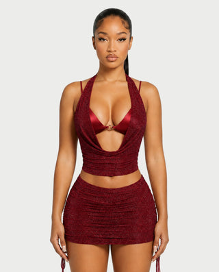 LAVANYA Shimmer Halter Three-Piece Skirt Set
