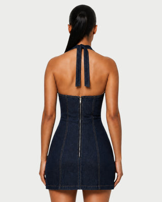 MARIAM Deep V-Neck Halter Denim Mini Dress