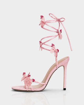 INDRA Butterfly Appliqué Leg-Wrap Strappy Stiletto Heels