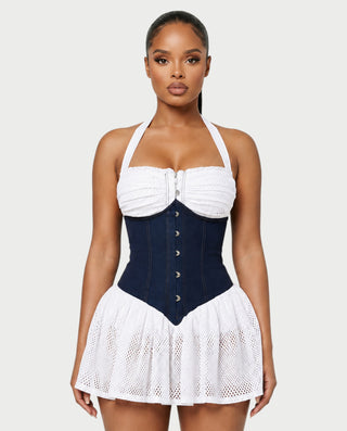 JADIE Corset-Waist Halter Bubble Mini Dress