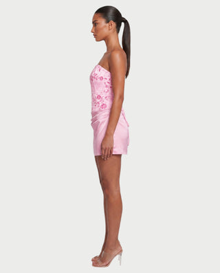 LYLIA Floral Beaded Strapless Corset Satin Mini Dress