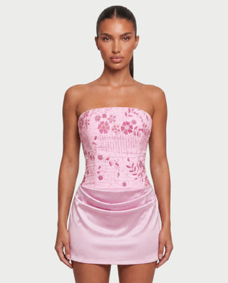 LYLIA Floral Beaded Strapless Corset Satin Mini Dress
