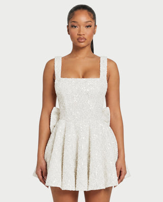 ASHE Sequin Square Neck Pleated Flare Mini Dress