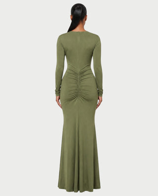 MINEA Plunge Cutout Long-Sleeve Ruched Bodycon Maxi Dress