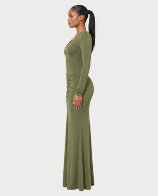 MINEA Plunge Cutout Long-Sleeve Ruched Bodycon Maxi Dress