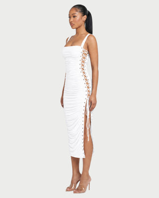 ARMALIA Ruched Lace-Up Side Bodycon Midi Dress