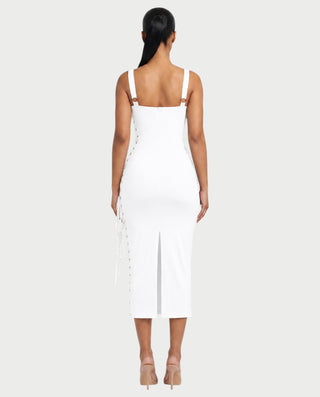 ARMALIA Ruched Lace-Up Side Bodycon Midi Dress