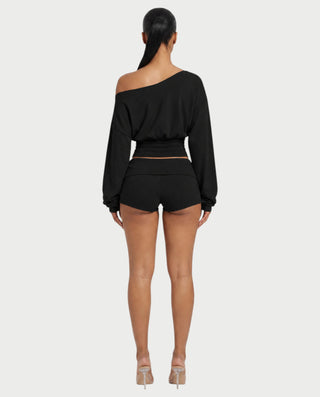 LIRABEL One-Shoulder Long Sleeve Top & Mini Shorts Set
