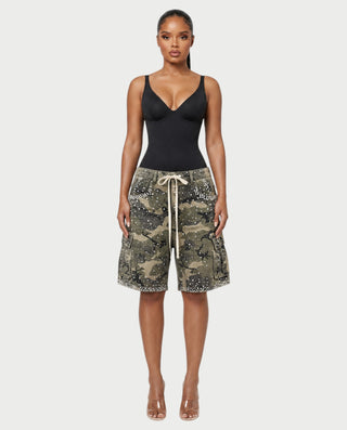 LARIMAR Rhinestone Drawstring Denim Baggy Shorts