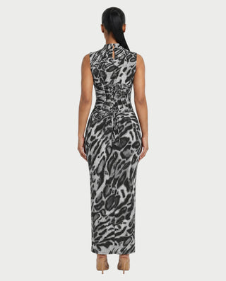 VENESIA Leopard Print Lace-Up Corset Maxi Dress