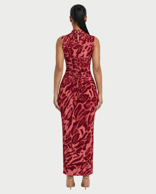VENESIA Leopard Print Lace-Up Corset Maxi Dress