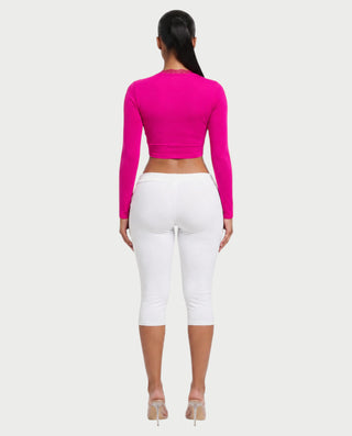 ZEINARA Lace Trim Tie-Front Long Sleeve Crop Top