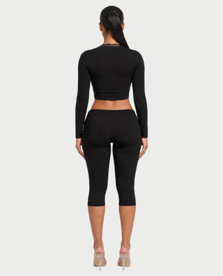 ZEINARA Lace Trim Tie-Front Long Sleeve Crop Top
