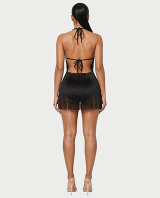 SHELLA Tassel Fringe Tie-Back Halter Mini Dress