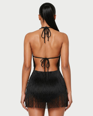 SHELLA Tassel Fringe Tie-Back Halter Mini Dress