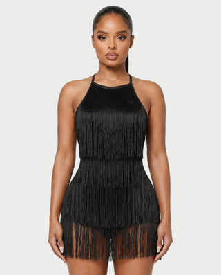 SHELLA Tassel Fringe Tie-Back Halter Mini Dress