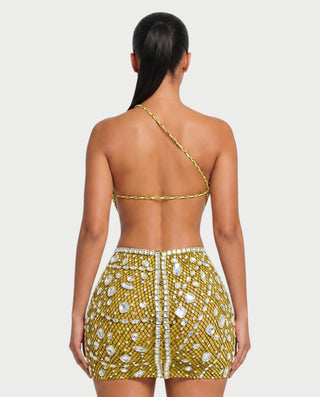 Vestido mini de malla con aberturas y detalle de cadena de JUVIA