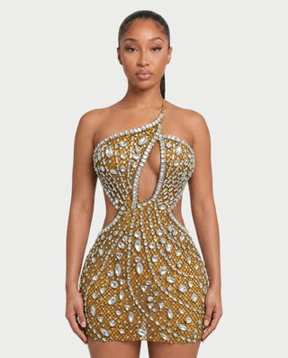 Vestido mini de malla con aberturas y detalle de cadena de JUVIA