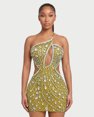 Vestido mini de malla con aberturas y detalle de cadena de JUVIA