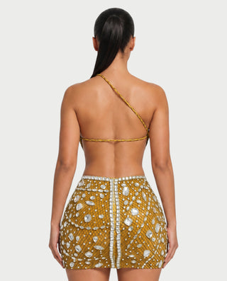 Vestido mini de malla con aberturas y detalle de cadena de JUVIA