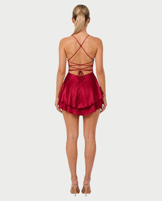 TANIYA Satin Lace-Up Open-Back Mini Dress