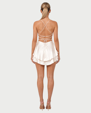 TANIYA Satin Lace-Up Open-Back Mini Dress