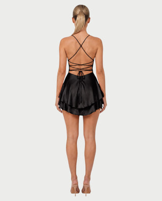 TANIYA Satin Lace-Up Open-Back Mini Dress
