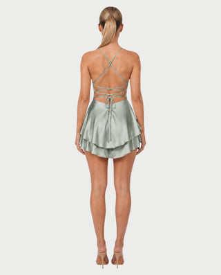 TANIYA Satin Lace-Up Open-Back Mini Dress