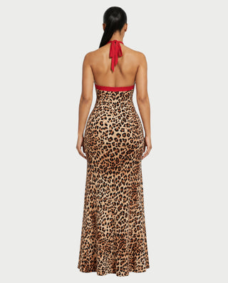 LAVENZA Leopard Halter Open-Back Maxi Dress