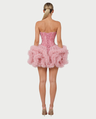 KLARINA Feather Corset Ruffle Tulle Mini Dress