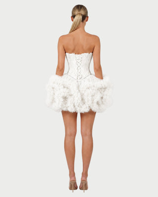 KLARINA Feather Corset Ruffle Tulle Mini Dress