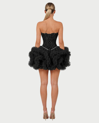 KLARINA Feather Corset Ruffle Tulle Mini Dress