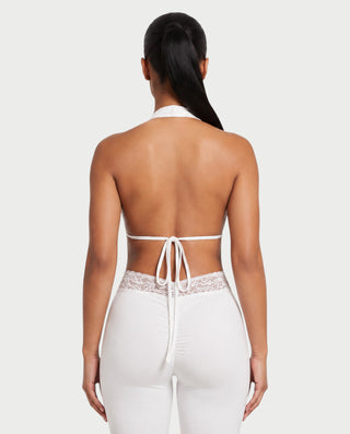 KIAMI Plunging Halter Lace-Trim Open-Back Romper
