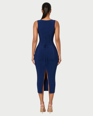 ELIZANA Lace Trim Lace-Up Back Midi Dress