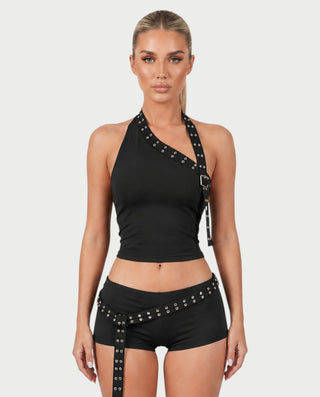 OLIVETTE Studded Halter Top & Belted Shorts Set