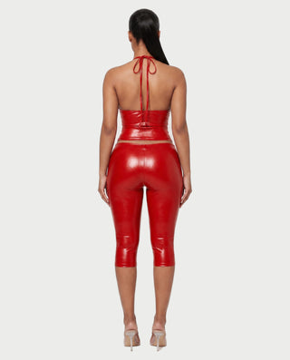 ALVIDA Faux Leather Plunge Halter Top & Capri Pants Set
