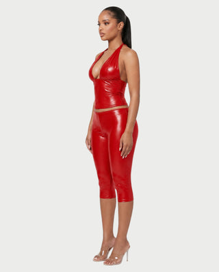 ALVIDA Faux Leather Plunge Halter Top & Capri Pants Set