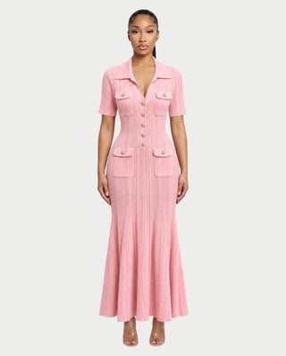 TINLEY Collared Button-Front Ribbed Knit Pocket Maxi Dress