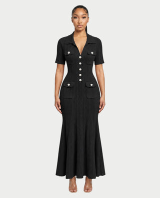 TINLEY Collared Button-Front Ribbed Knit Pocket Maxi Dress