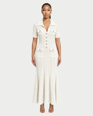 TINLEY Collared Button-Front Ribbed Knit Pocket Maxi Dress
