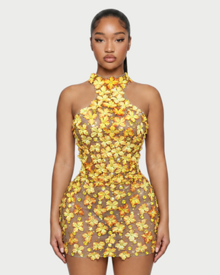 ZARIA Floral Appliqué Rhinestone Halter Mini Dress