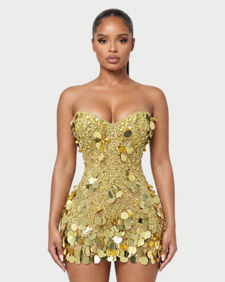 LANAYA Mesh Rhinestone Paillette Mini Dress
