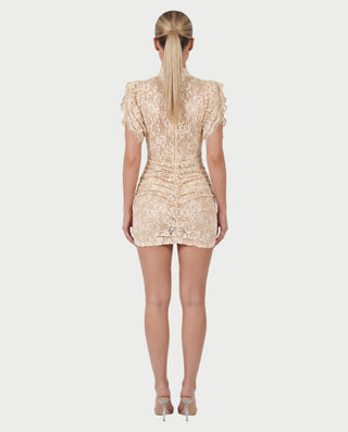 ODETTE Mock Neck Sheer Lace Bodycon Mini Dress