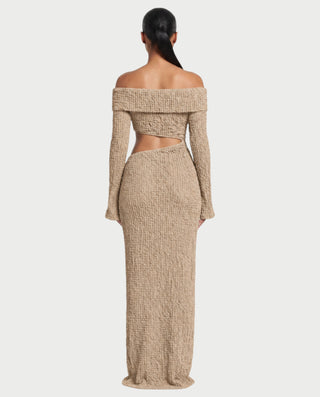 ADARNA Off-Shoulder Long Sleeve Cutout Textured Bodycon Maxi Dress
