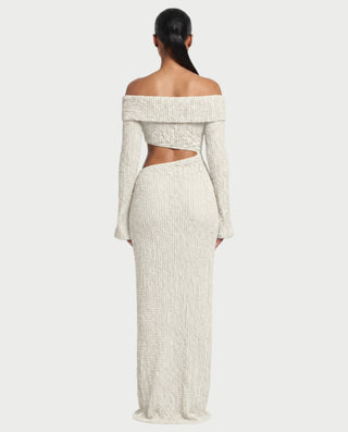 ADARNA Off-Shoulder Long Sleeve Cutout Textured Bodycon Maxi Dress