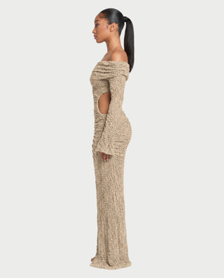 ADARNA Off-Shoulder Long Sleeve Cutout Textured Bodycon Maxi Dress