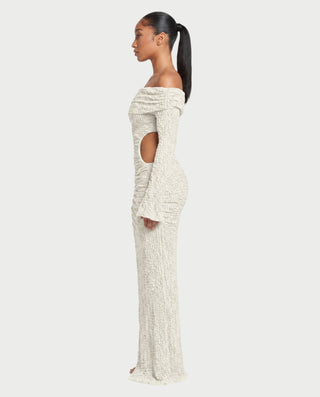 ADARNA Off-Shoulder Long Sleeve Cutout Textured Bodycon Maxi Dress