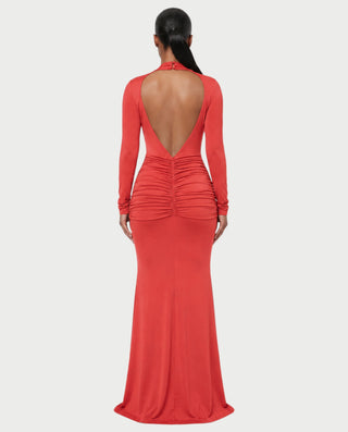 BILLY Plunging Neckline Long Sleeve Ruched Waist Maxi Dress