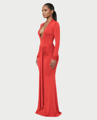 BILLY Plunging Neckline Long Sleeve Ruched Waist Maxi Dress